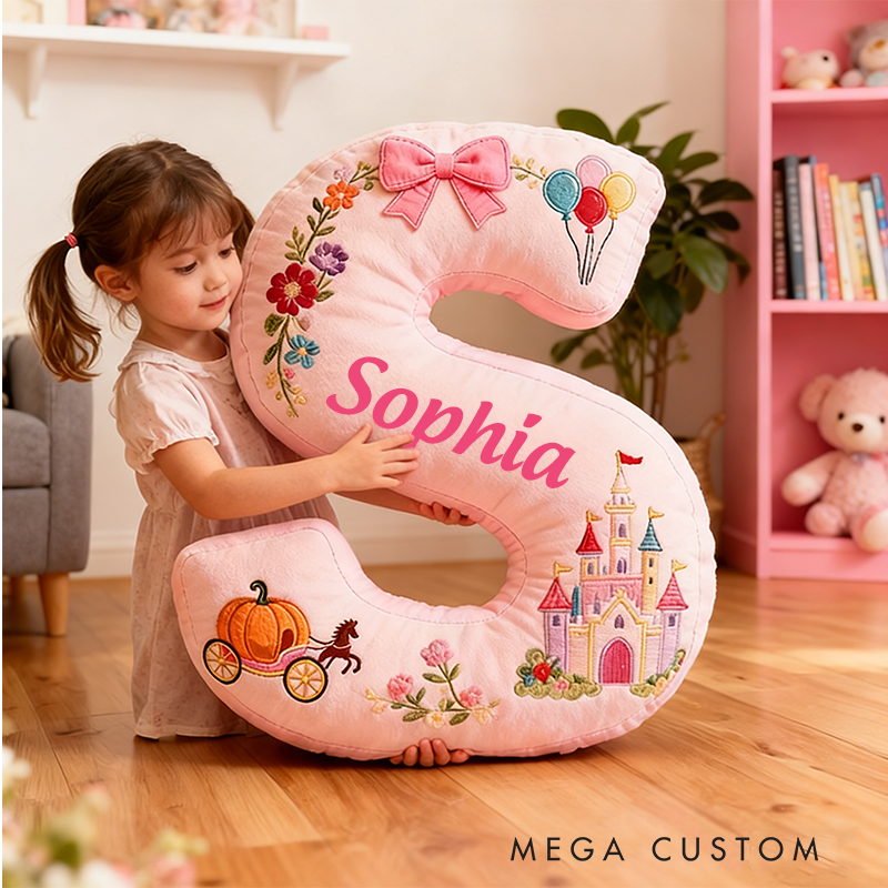 Personalized Pink Letter Christmas Gift Pillow with Castle Pumpkin Carriage Rainbow for a Fairytale Inspired Design Graphic 3D Print Pillow