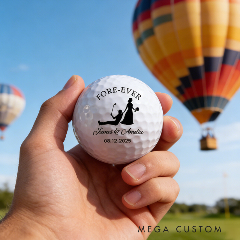 Personalized Bride and Groom Golf Ball with Wedding Silhouette and Details for Weddings and Anniversaries