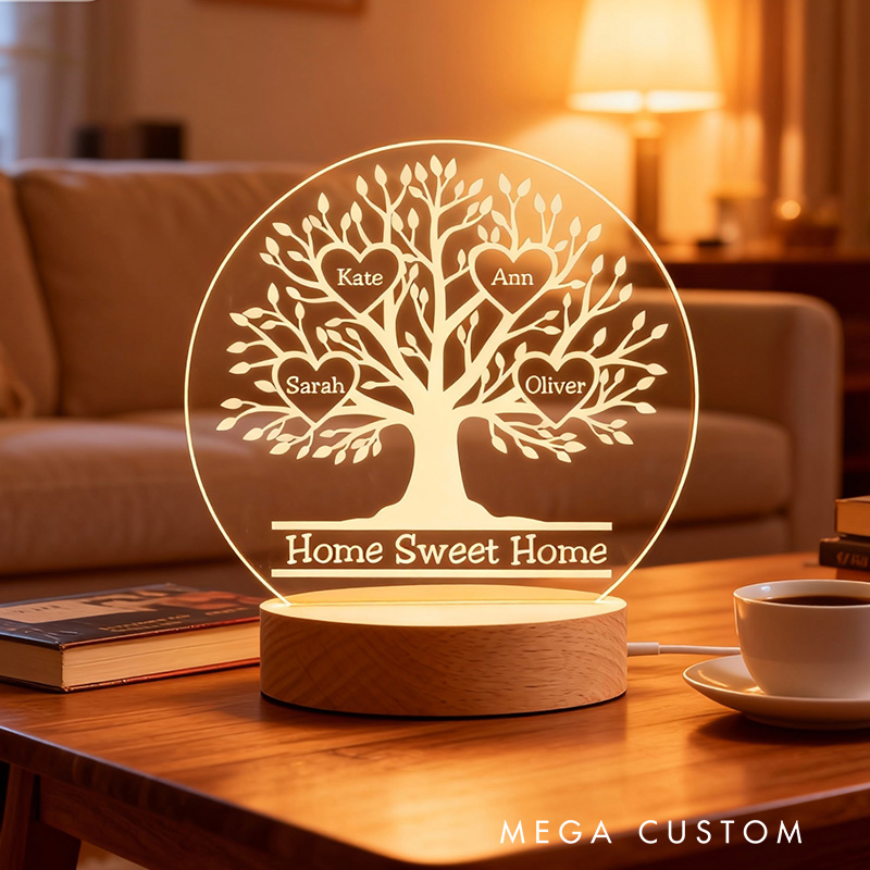 Personalized LED Night Light Custom Family Tree Lamp with Names Decorative Table Lamp for Family Bedroom Living Room Unique Decor Housewarming Gifts