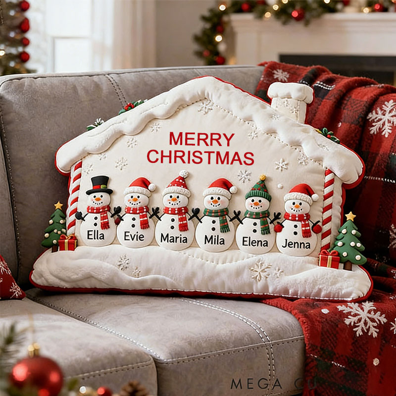 Personalized Snowman Family Pillow Merry Christmas Design Custom Names Festive Holiday Decor Cozy Decorative Cushion Gift for Family Celebrations