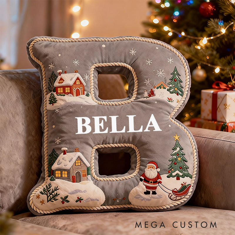 Personalized Gray Christmas Letter Pillow Custom Name Festive Decor with Santa Cabin Snowy Landscape Christmas Gifts for Family Graphic 3D Print