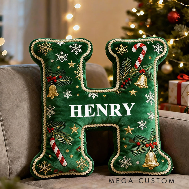 Personalized Christmas Letter Pillow Green Festive Holiday Decor Candy Cane and Bell Graphic 3D Print Custom Cushion for Living Room Soft Decorative