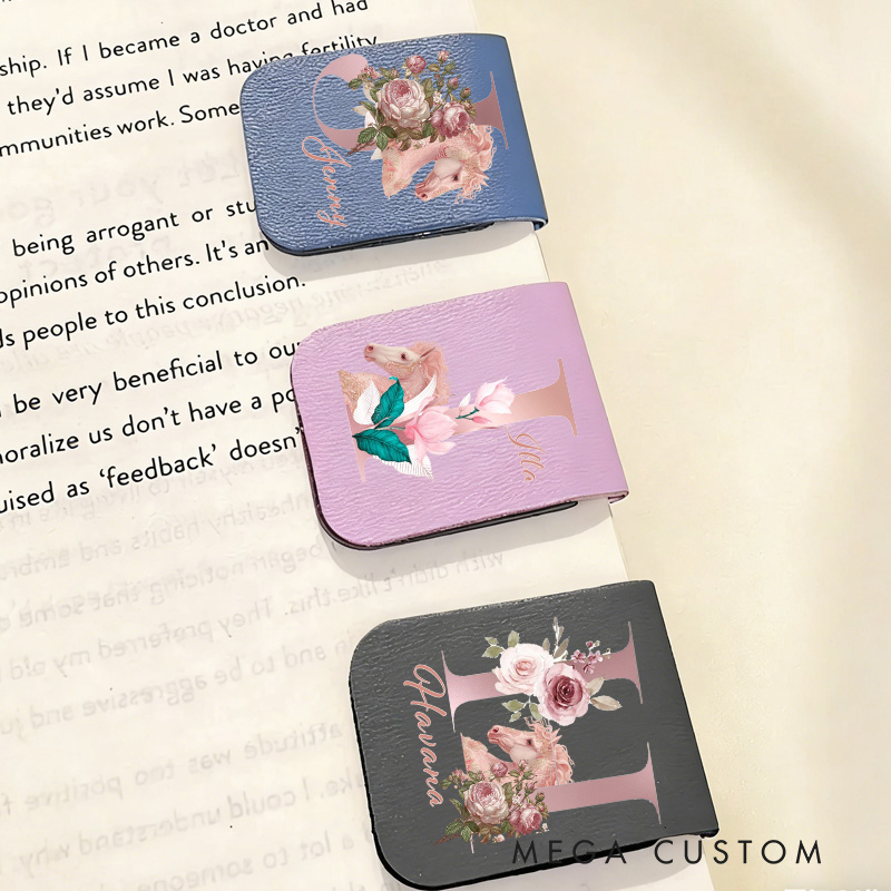 Personalized Initials Letter PU Leather Magnetic Bookmark Clip with Name Daily Use Birthday Gift for Book Lovers Riding Lovers Equestrian Lovers