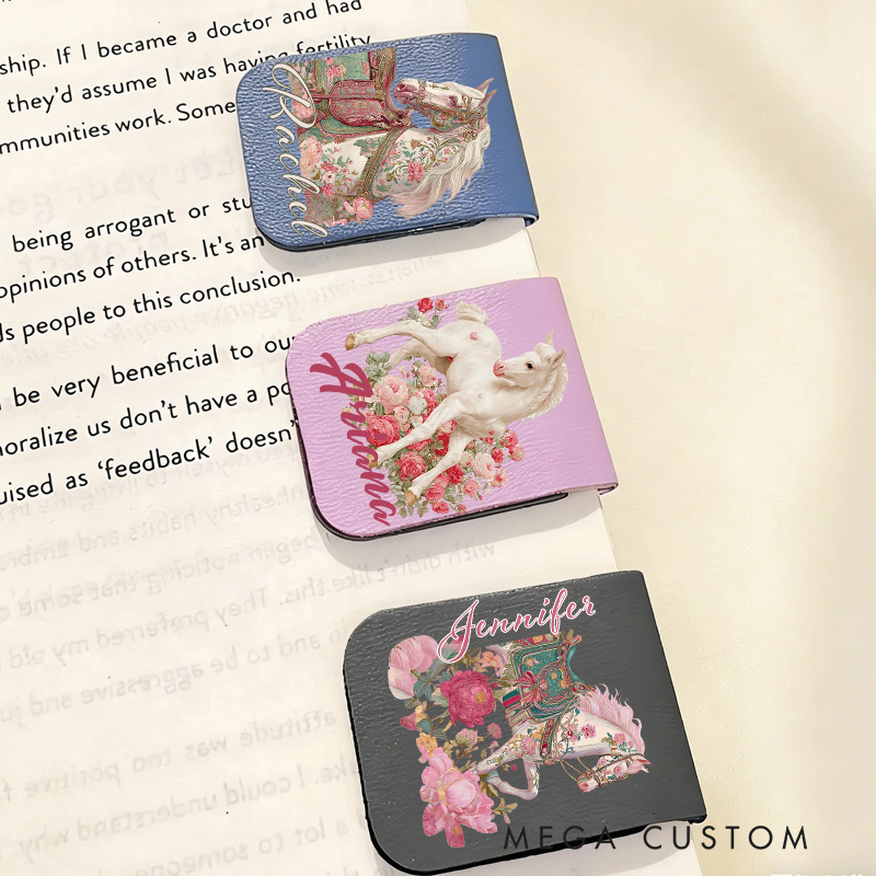 Personalized Horse PU Leather Magnetic Bookmark Clip with Name Daily Use Birthday Gift for Book Lovers Riding Lovers Equestrian Lovers