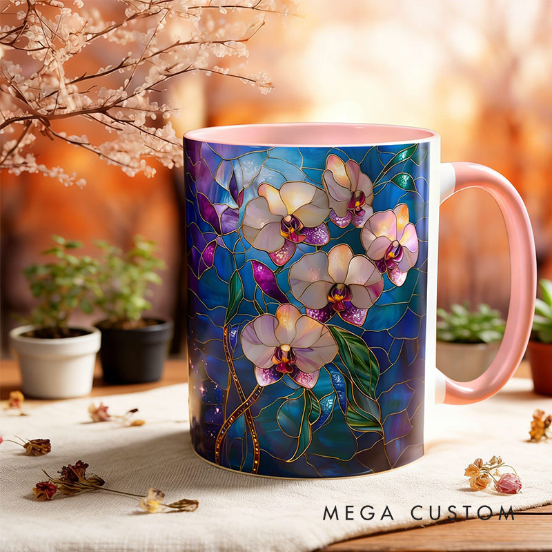 Personalized Stained Glass Print Orchid Mug Floral Art Mug Custom Name for Gardening Lovers