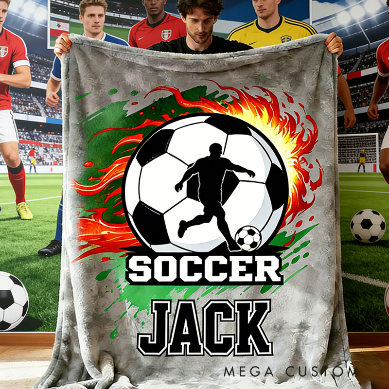 Personalized Soccer Blanket with Custom Name and Fiery Design for Soccer Enthusiasts