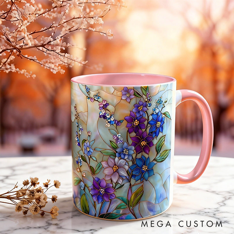 Personalized Stained Glass Blue Larkspur Mug Floral Art Mug Custom Name for Gardening Lovers