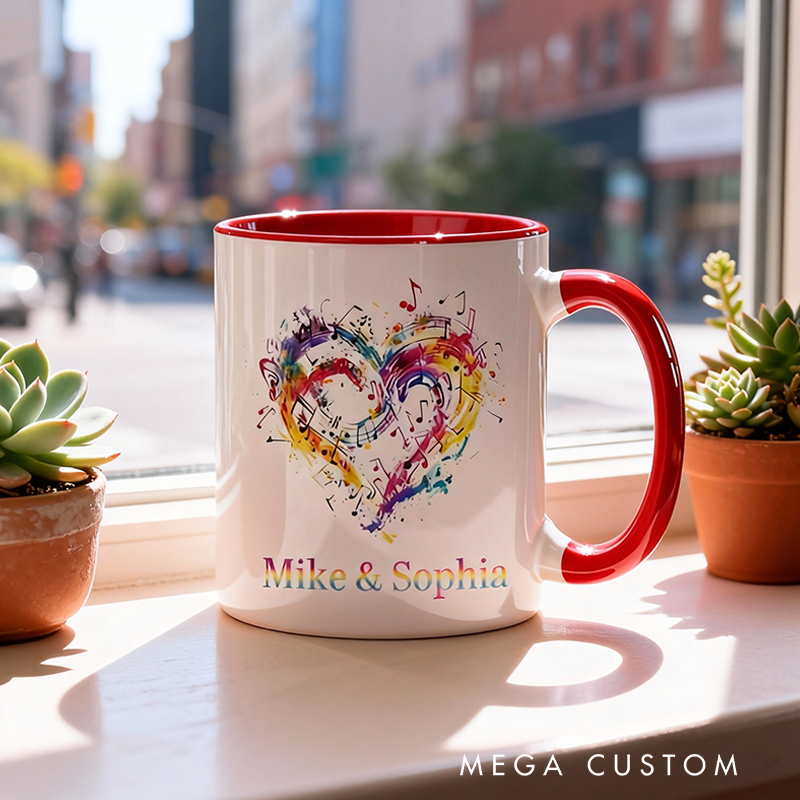 Personalized Name Music Heart Ceramic Mug Gift for Music Lovers and Couple Gift