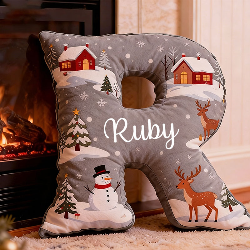 Personalized Christmas Letter Pillow Custom Name Festive Decor with Snowman Reindeer Cabin First Christmas in New Home Gifts Graphic 3D Print 