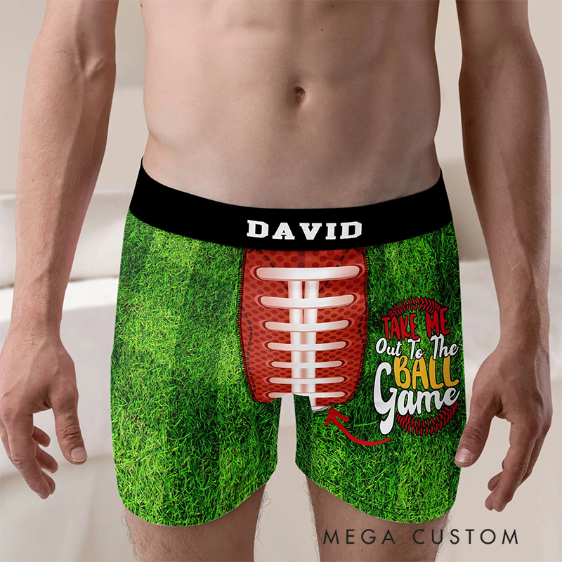 Personalized Football Boxers "Take Me Out to the Ball Game" with Custom Name and Fun Design for Sports Fans Valentine's Day Gift for Men
