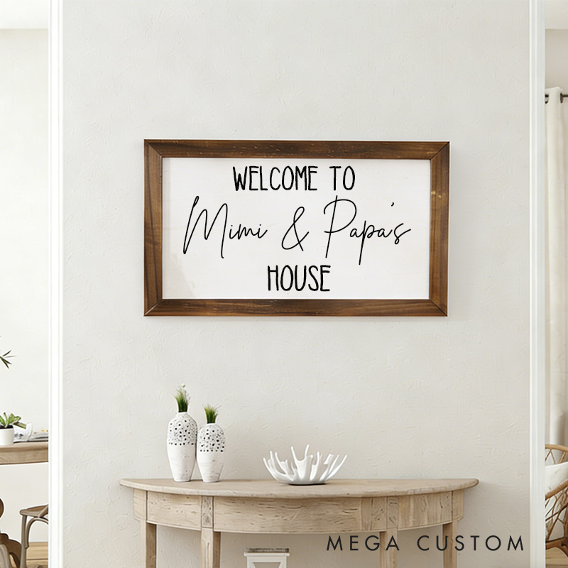 Personalized Welcome to Mimi and Papa's House Wooden Wall Art Custom Family Sign Rustic Farmhouse Style Decoration for Grandparents Home Gift
