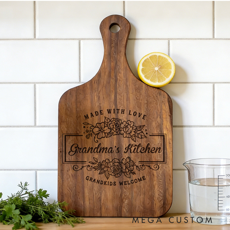 Personalized Engraved Kitchen Cutting Board Custom Bamboo Paddle Board Made with Love Design Grandkids Welcome for Grandma Gifts Home Decor