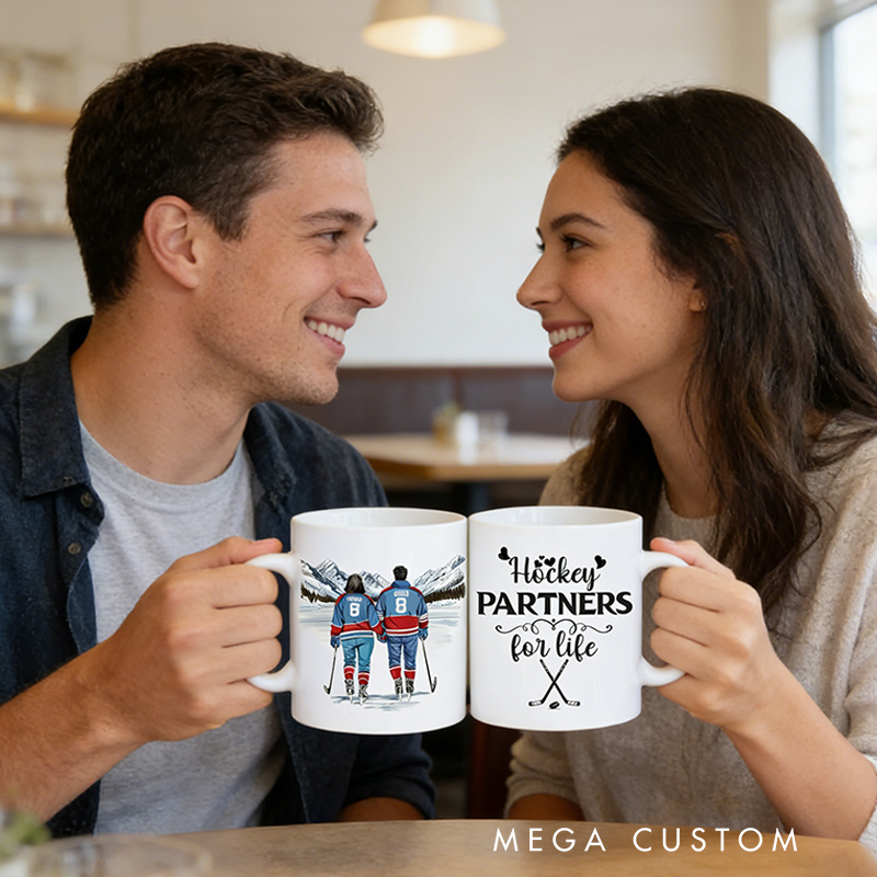 Personalized Couple’s Hockey Mug with Custom Names and Numbers for Hockey-Loving Couples