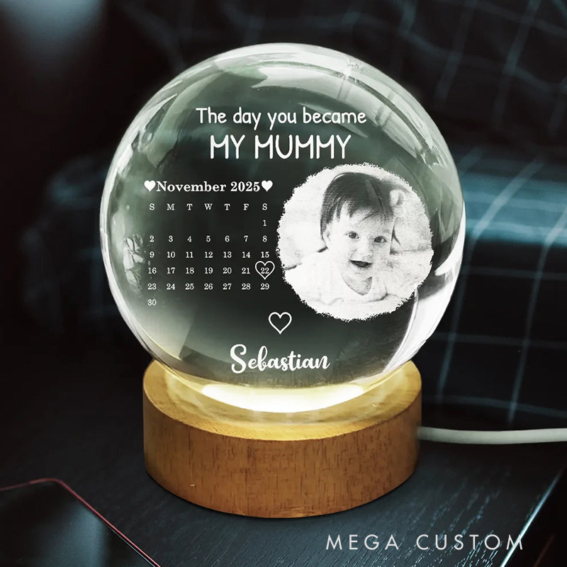 Personalized Crystal Globe Lamp Custom Photo Calendar The Day You Became My Mommy Night Light Pregnancy Announcement Gift New Dad Gift