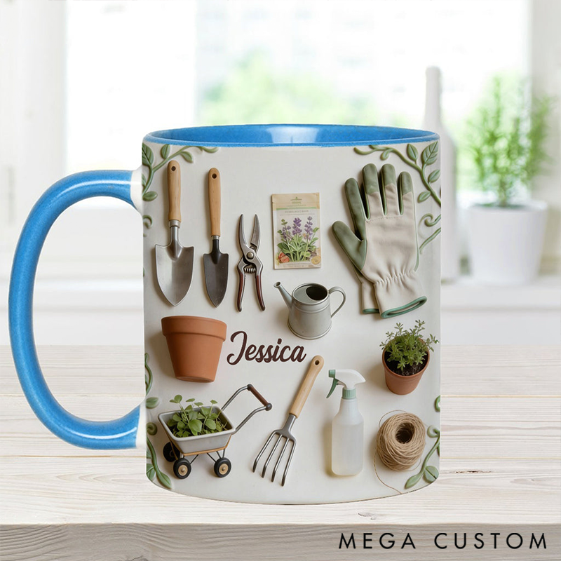 Personalized Love Gardening Mug Adorned with 3D Tool Embellishments Custom Name Engraved Mug for Avid Garden Lovers