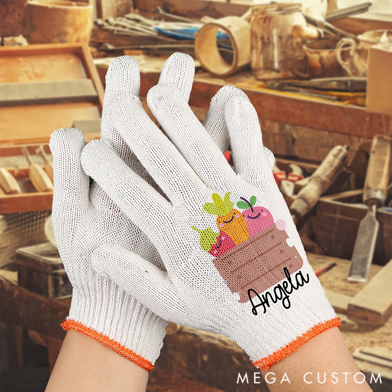 Personalized Name Gardening Gloves with Cute Vegetable & Fruit Crate Embroidery: Adorable, Functional Work Gear for Garden Lovers