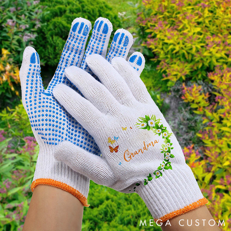 Personalized Name Gardening Gloves Decorated with Floral Wreaths & Butterflies Heartwarming Functional Tools for Beloved Gardeners