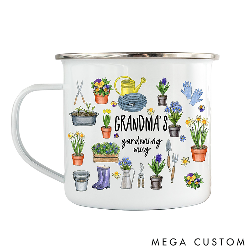 Personalised Enamel Gardening Mug Garden Gift for Him And Her Couple Present with Floral & Tool Designs to Celebrate Her Green-Thumb Passion