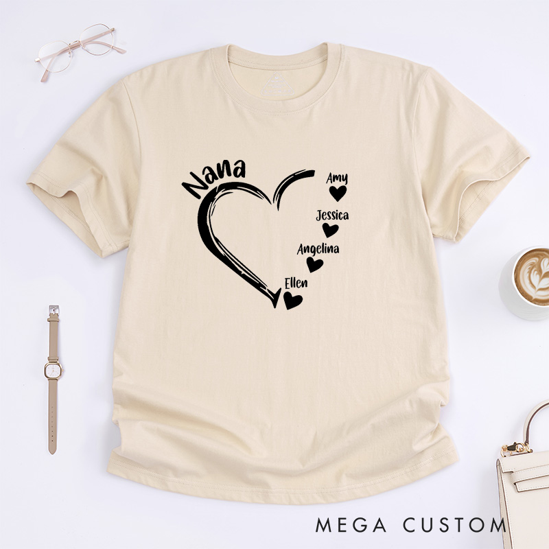 Personalized Nana T-Shirt Custom Heart Design Gift for Grandmother Mother's Day Birthday Comfortable Cotton Shirt for Women Unique Grandma