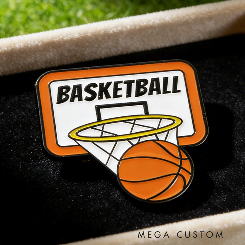 Personalized Basketball Themed Pins Featuring Basketball Hoops and Crowns