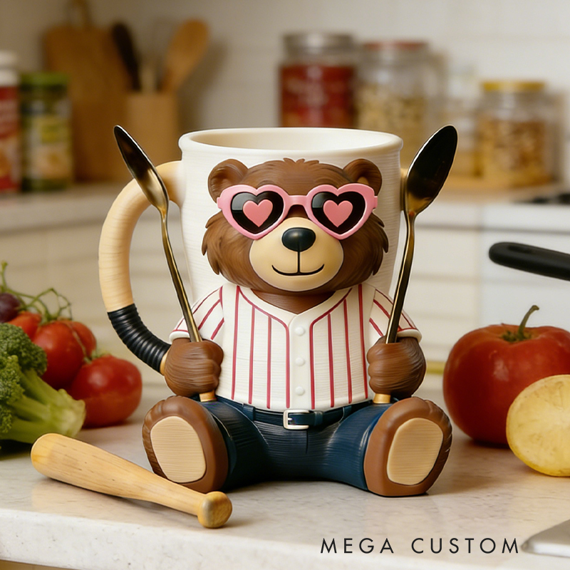 Personalized Baseball Mascot Bear Ice Cream Pint Holder with Adorable Heart Sunglasses 3D Printed with Spoon Slots & Snack Drawer for Baseball and Ice Cream Enthusiasts