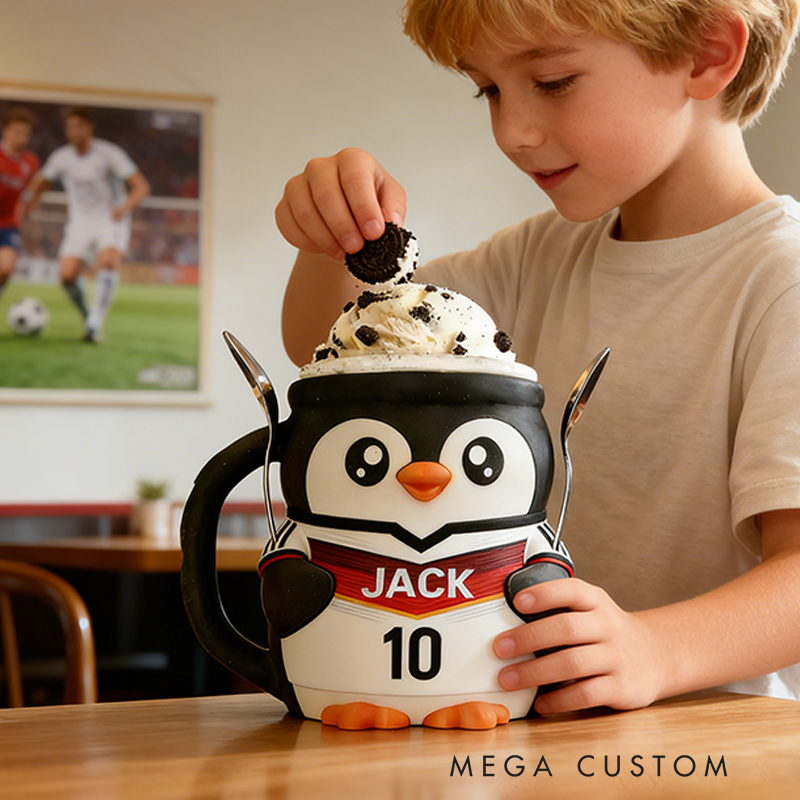 Personalized Soccer World Cup Penguin Ice Cream Pint Holder 3D Printed with Spoon Slots & Snack Drawer with Custom Details for Soccer Fans