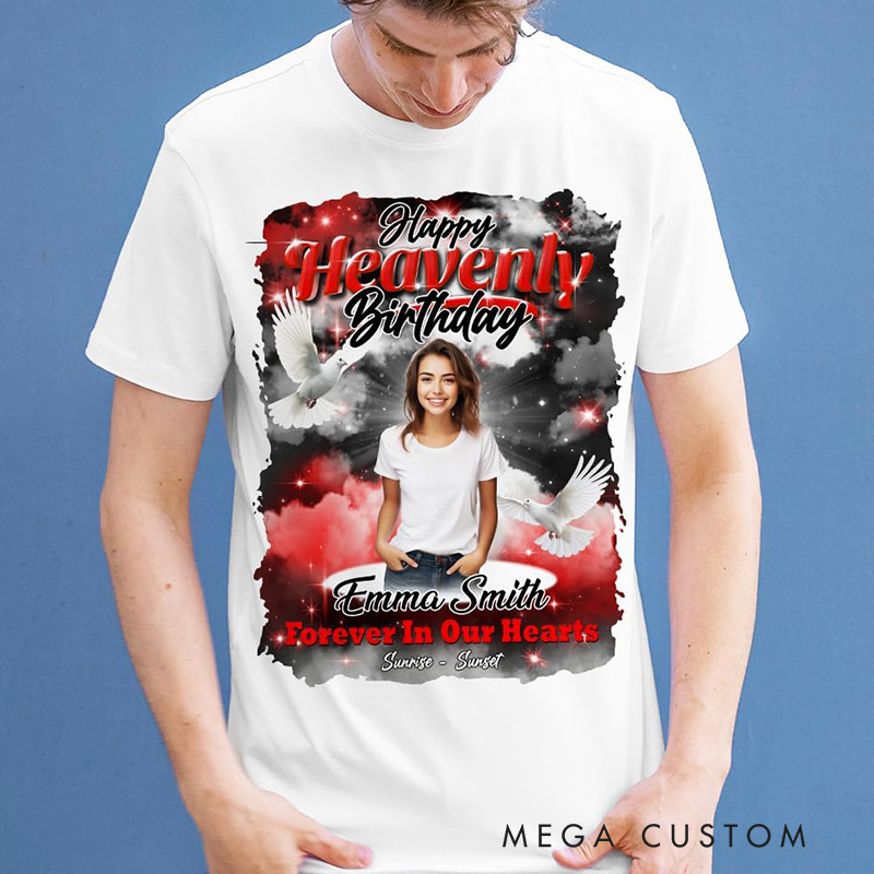 Personalized in Loving Memory T Shirts Memorial Day T Shirts Heaven’s Stairway Memorial Gift Double Side Shirt Rest in Peace Shirt