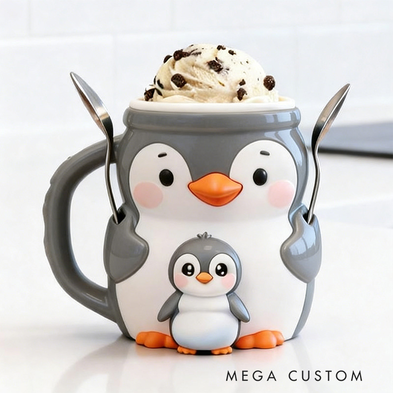 Personalized 3D Printed Penguin Ice Cream Pint Holder Spoon Slots & Snack Drawer Funny Kitchen Decor Cute Animal Gift