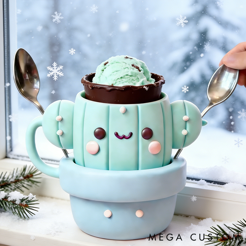 Personalized Cute Cactus Ice Cream Pint Holder with Spoon Slots Eco-Friendly 3D Print for Gardening Lovers