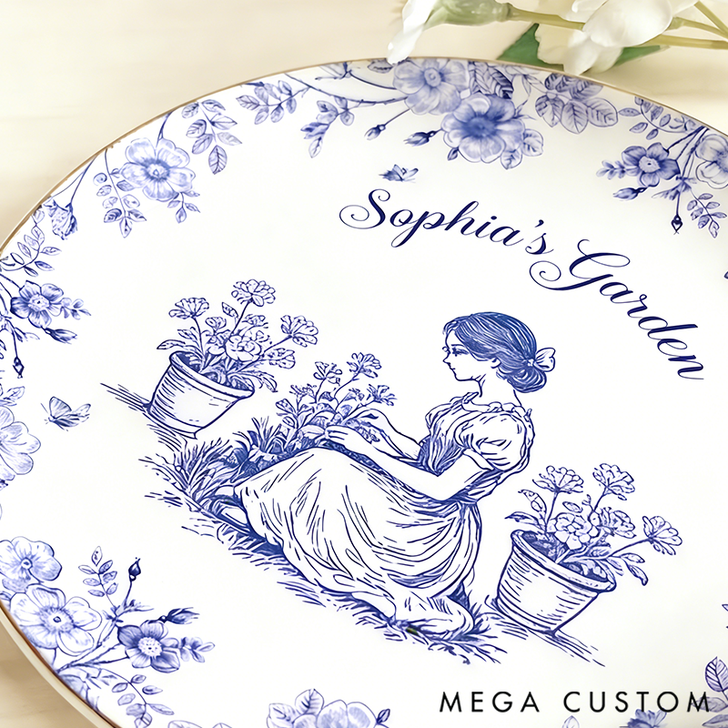 Personalized Garden Lover Kneeling Gardener Silhouette Chinoiserie Toile De Jouy Style Round Ring Dishes