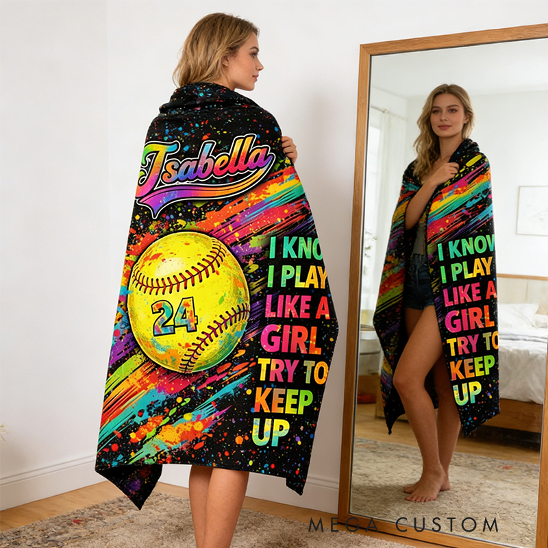 Personalized Softball Blanket with Custom Name and Jersey Number for Girls Who Love the Game