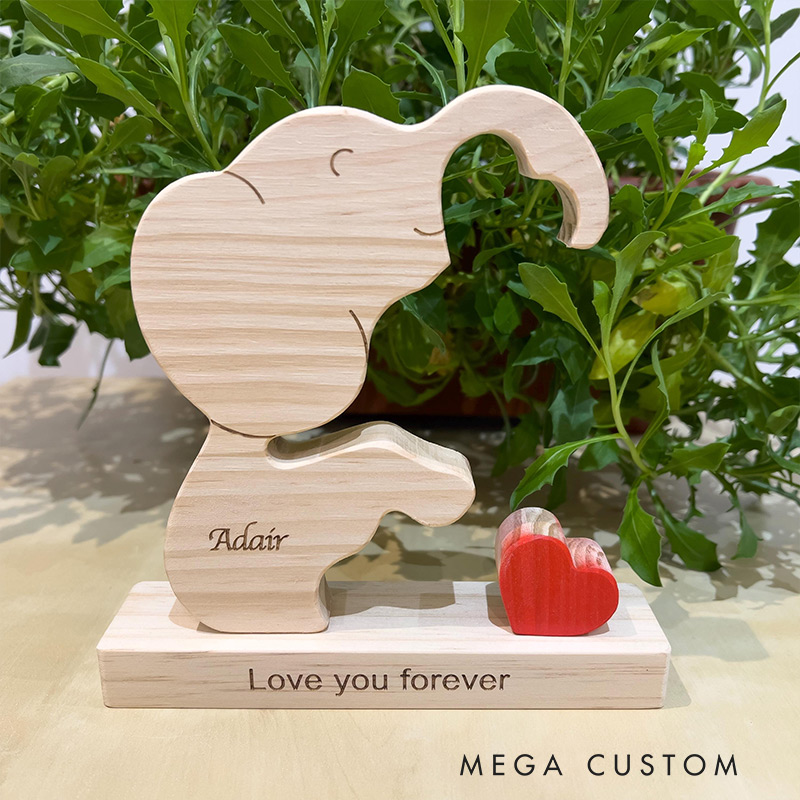 Personalized Wood Elephant Figurine Cuddling Decoration Hand-Carved Elephant for Family Keepsake Gifts
