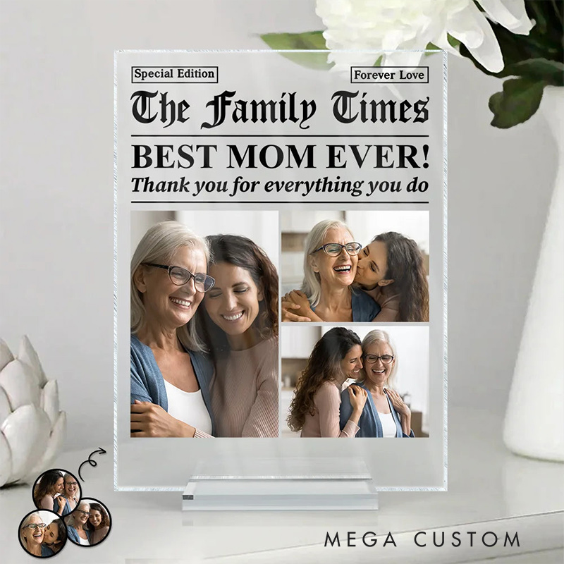 Personalized Vertical Rectangle Acrylic Plaque Custom Photo Best Mom Dad Ever Newspaper Theme Mother's Day Gift Father's Day Gift