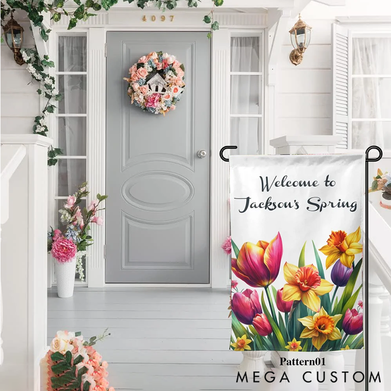 Personalized Welcome to Spring Garden Flag with Name Floral Yard Porch Decoration Gift for Gardening Lover