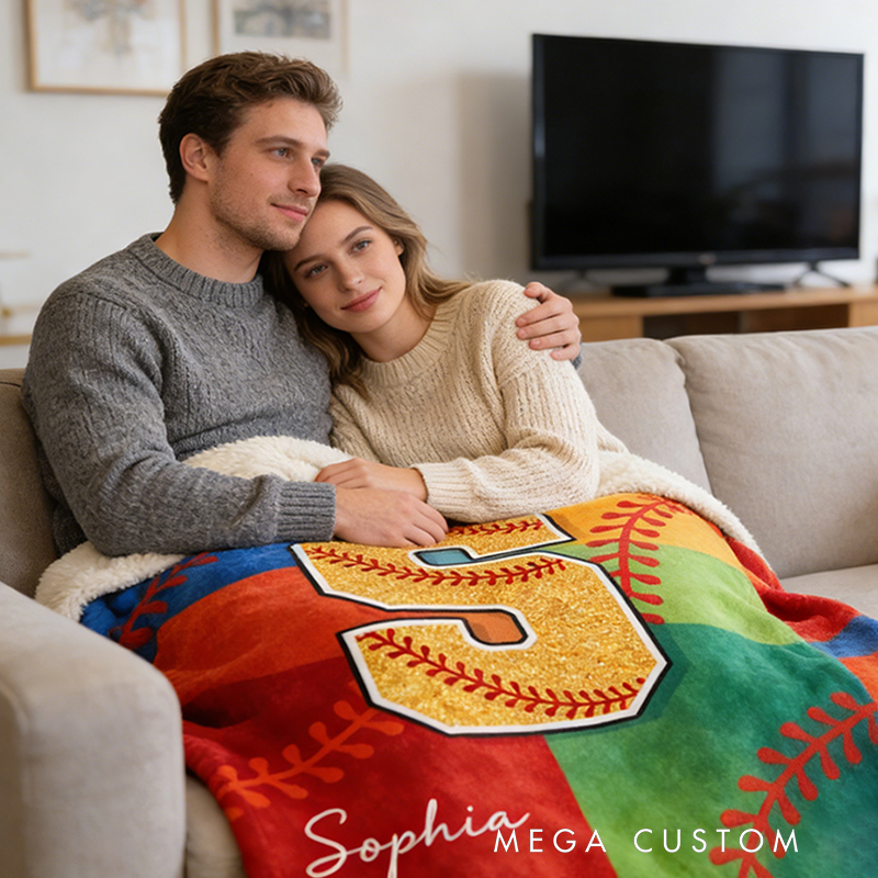 Personalized Glitter Softball Blanket with Name and Number for Baseball Girls