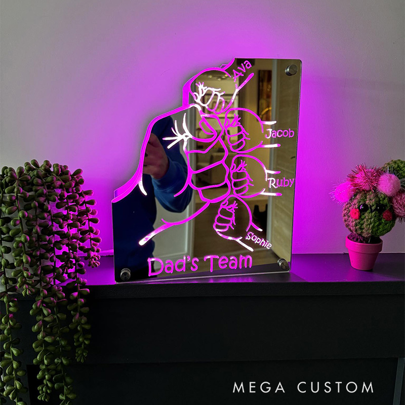 Personalized Dad's Team Fist Mirror Lamp Custom Family Name LED Light Father's Day Gift for Dad Family Keepsake 