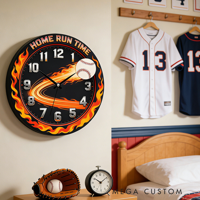 Personalized Home Run Time Clock with Fiery Baseball Design for Baseball Enthusiasts