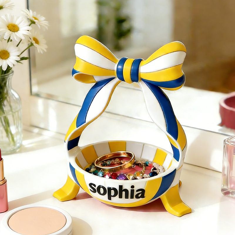 Personalized Volleyball Jewelry Holder with Custom Name and Bow Design for volleyball fans 