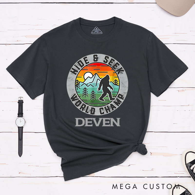 Personalized Hide & Seek World Champ T-Shirt Bigfoot Retro Shirt Gift for Hiking Outdoors Lover