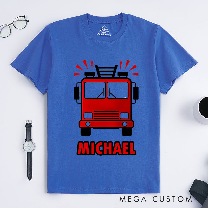 Personalized Firefighter T-Shirts  Front-Facing Fire Truck Fashion Design T-Shirts