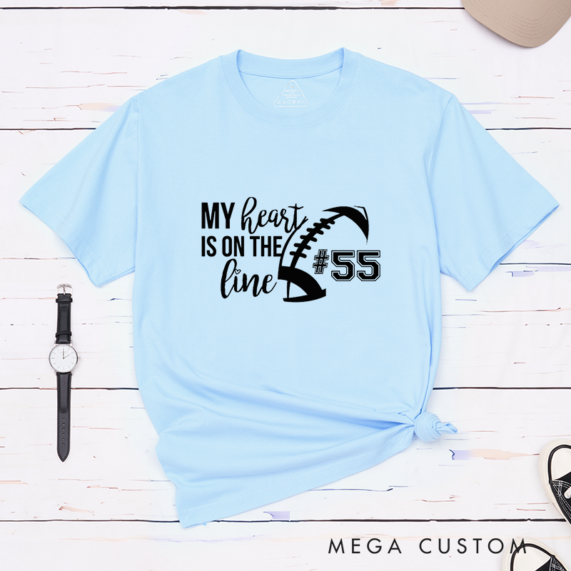 Personalized American Football and Rugby T-Shirts for "My Heart is on the Line" with Custom Jersey Number