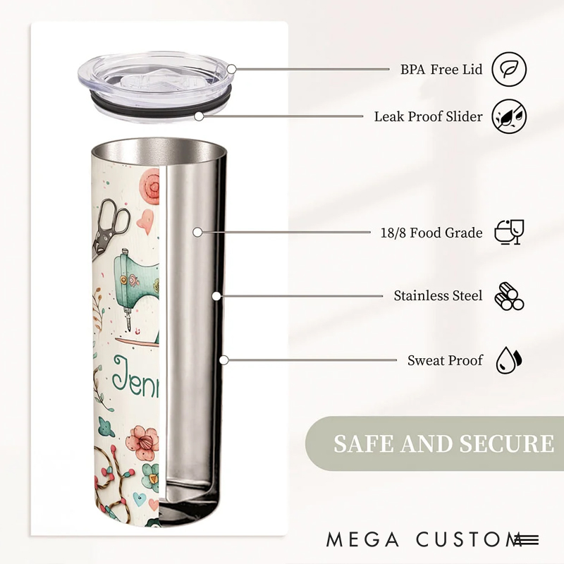 Personalized Sewing Theme Food Grade 20oz Skinny Tumbler with Lid and Straw Cleaning Brush Birthday Mother's Day Gift for Mother Sewing Lover