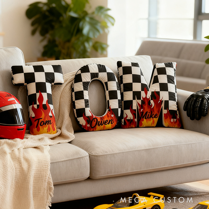 Personalized Racing Letter Throw Pillow Custom Name Checkered and Flame Design Cushion Gift for Racers and Racing Lovers