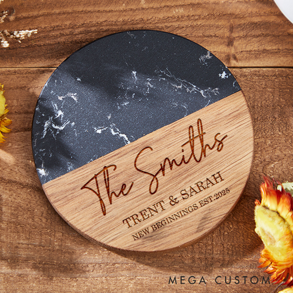 Personalized Marble and Wood Coaster New Beginnings Coaster Stylish And Thoughtful Housewarming Gift New Home Gift for Couple Anniversary Gift
