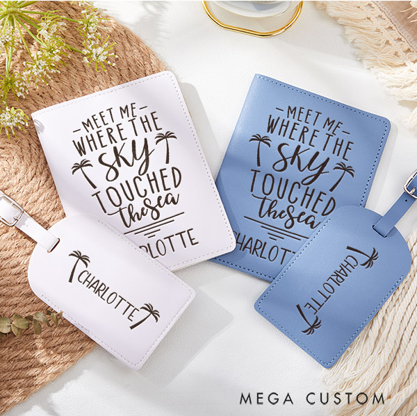 Personalized Meet me where the Sky Touched the Sea Engraved Leather Passport Holder and Luggage Tag Set Gift for Traveling Lovers Travelers Gift