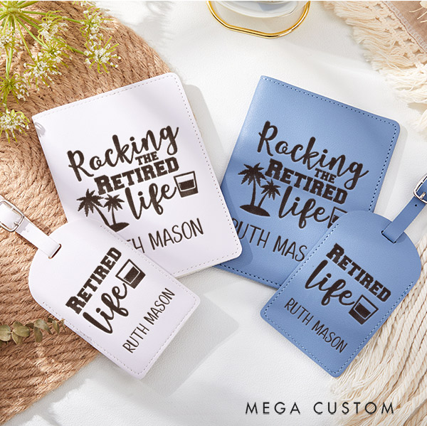 Personalized Rocking the Retired Life Engraved Leather Passport Holder and Luggage Tag Set Gift for Traveling Lovers Travelers Gift Funny Retirement Gift