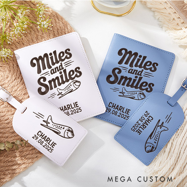 Personalized Miles and Smiles Passport Holder and Luggage Tag Set for Traveling Lovers Personalized Travel Gifts