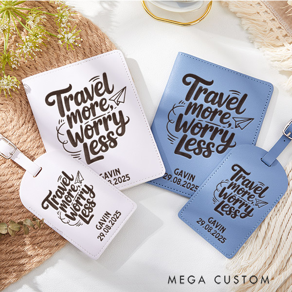 Personalized Travel More Worry Less Passport Holder and Luggage Tag Set for Traveling Lovers Personalized Travel Gifts