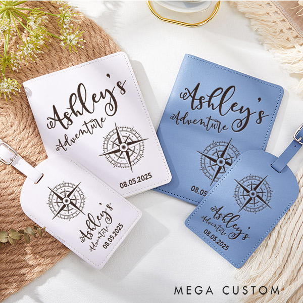 Personalized Adventure Passport Holder and Luggage Tag Set Custom Gift for Traveling Lovers
