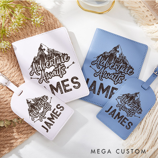 Personalized Adventure Awaits Passport Holder and Luggage Tag Set Gift for Traveling Lovers